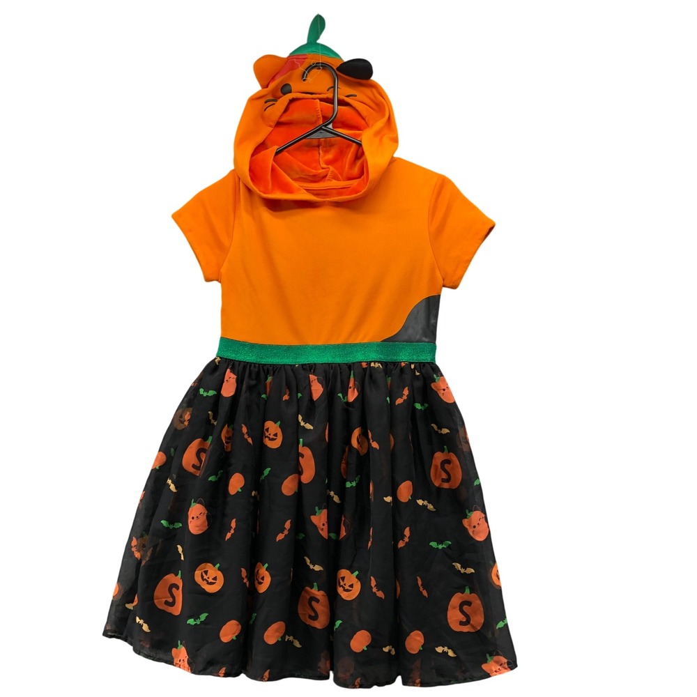 Squishmallows Pumpkin Cat Costume Dress Girls L 10-12 Orange Halloween Hooded